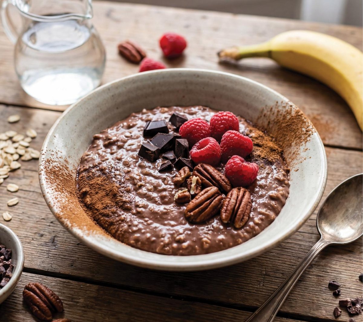 chocolade smoothiebowl met banaan en cacaonibs
