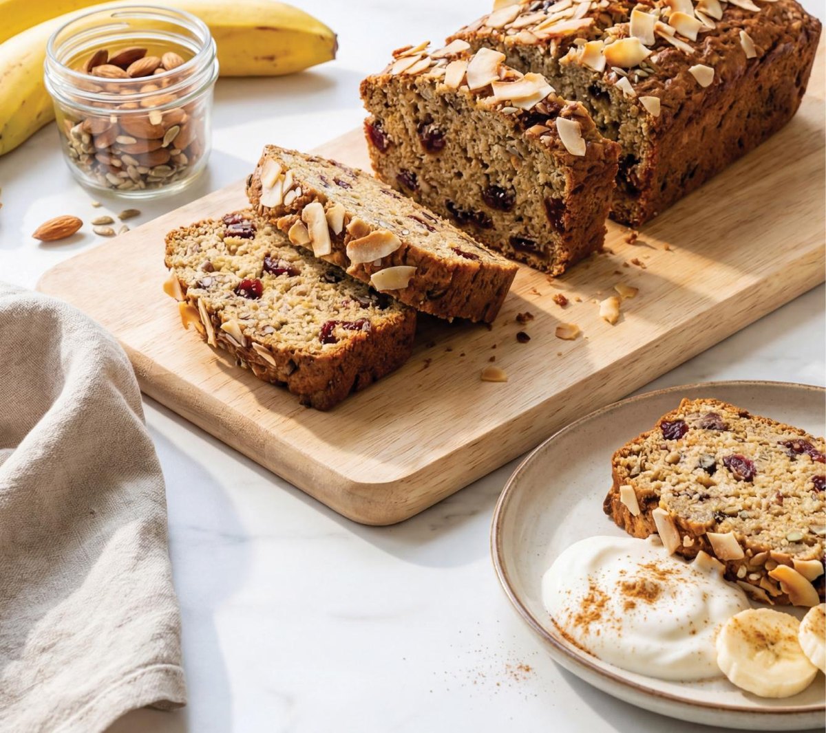 aangesneden bananenbrood met noten op een plank