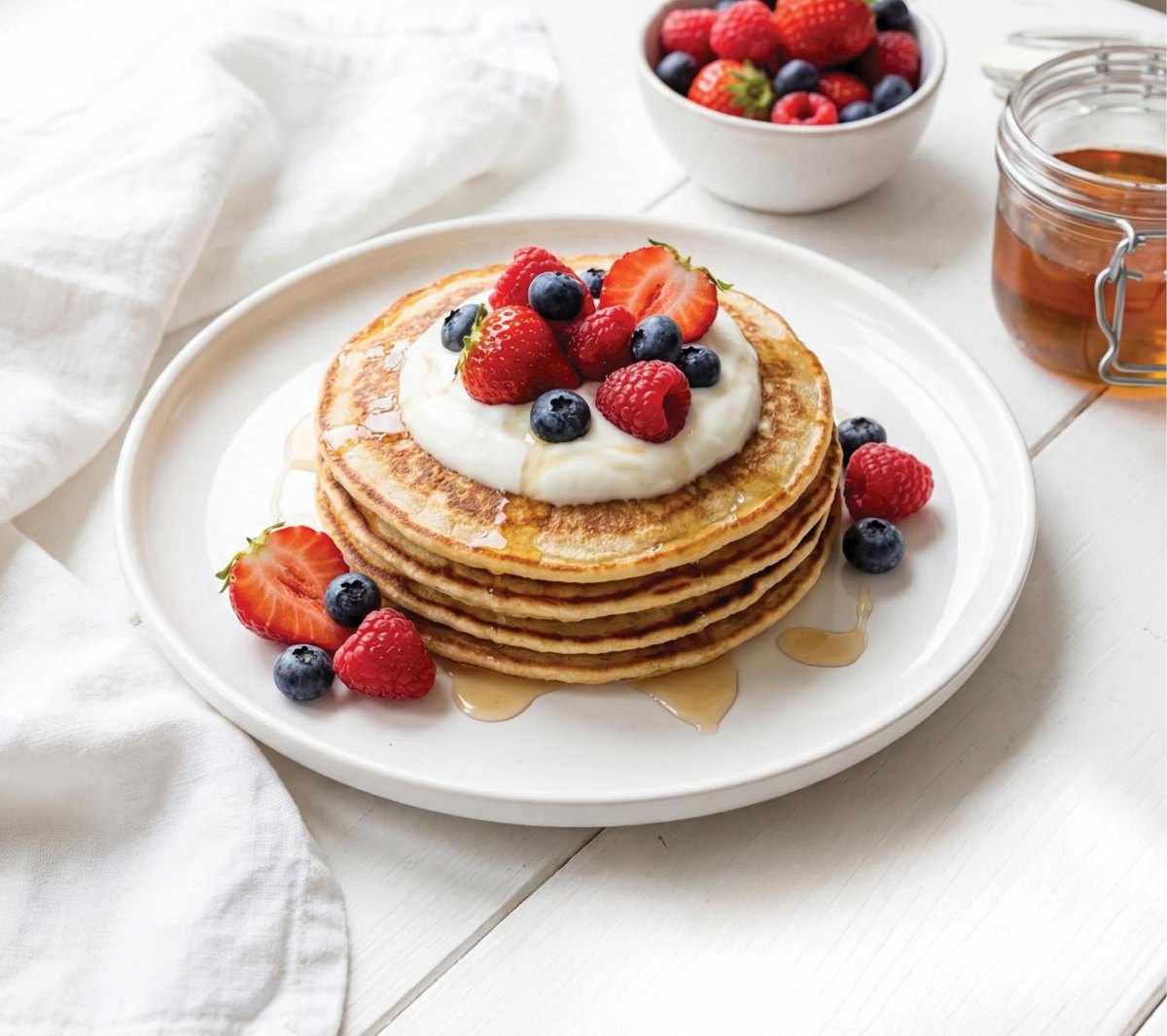 stapel pannenkoeken met fruit en yoghurt