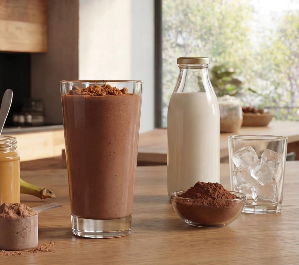 chocolade smoothie in een glas met cacao en pindakaas