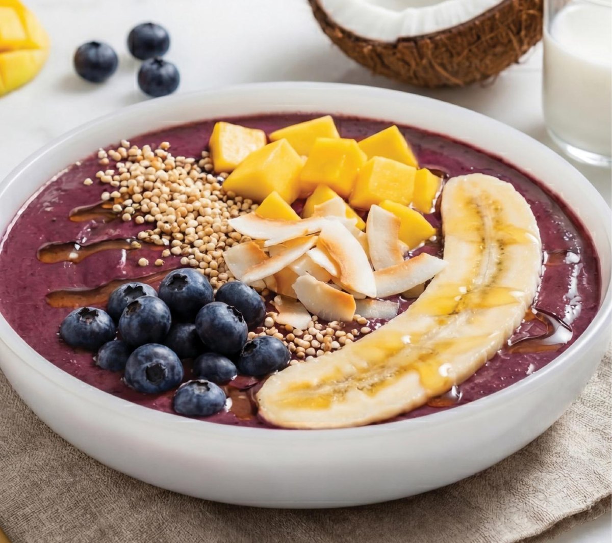 paarse açaí bowl met fruit en granola